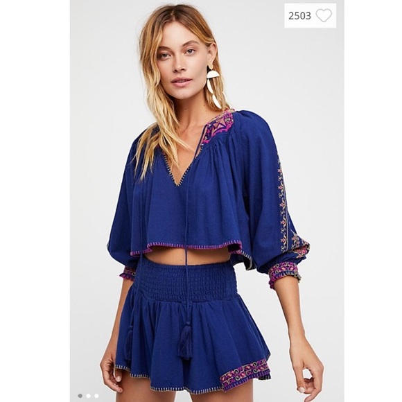 Free People Pants - Free People Blue Depths Embroidered Shorts Set